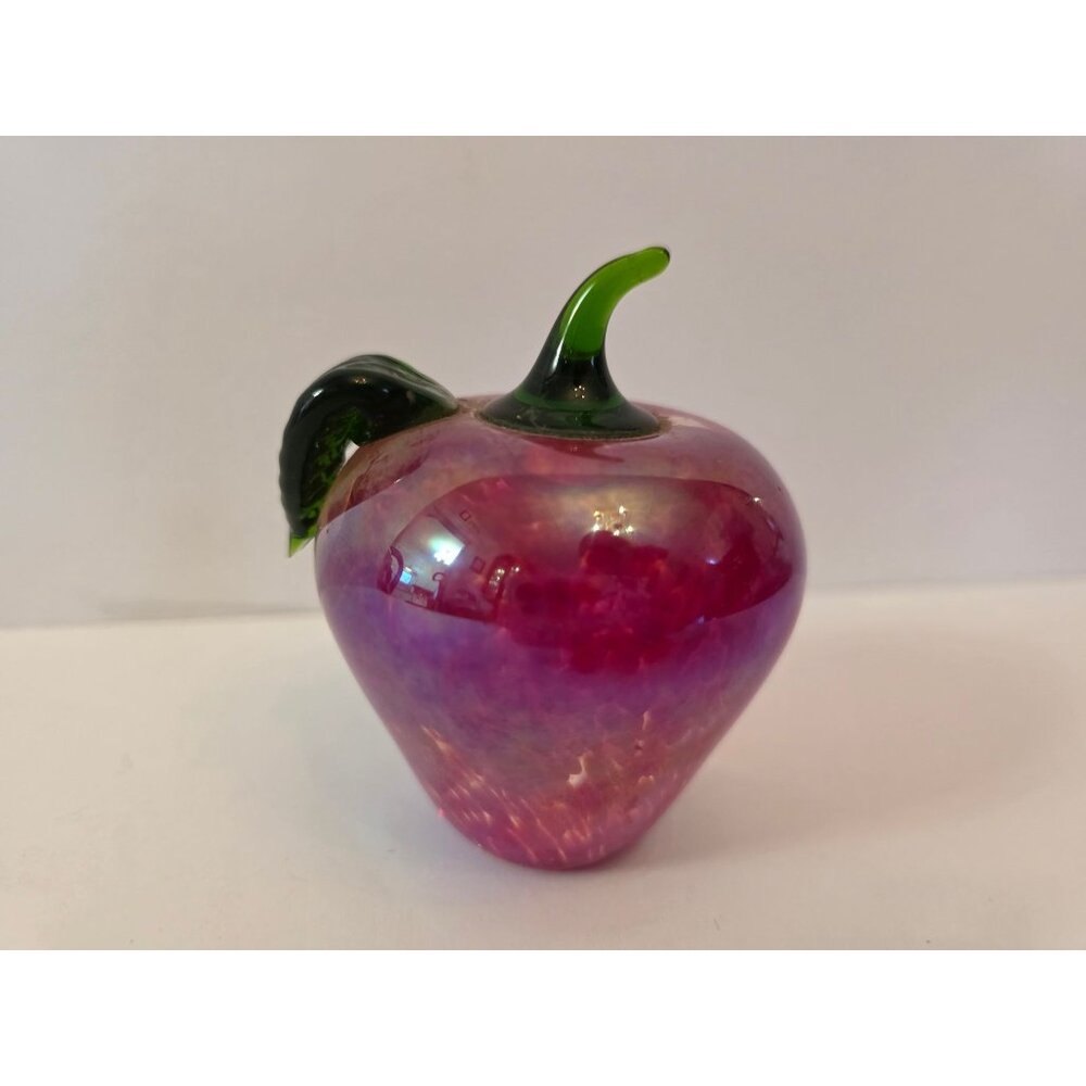 Glass Eye Studio Iridescent Glass Apple Paperweight With Green Stem & Leaf